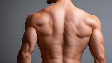 Fototapeta premium Muscular male back with defined muscles and smooth skin, highlighted by soft warm lighting, fitness and strength concept, healthy lifestyle inspiration