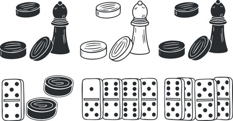 A collection of chess pieces, salt and pepper shakers, and dominoes in black and white outline vector style, ideal for game design and culinary themes