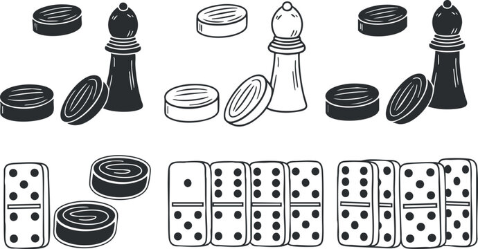 A collection of chess pieces, salt and pepper shakers, and dominoes in black and white outline vector style, ideal for game design and culinary themes