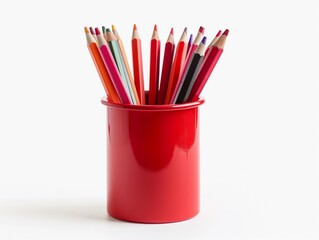 Colorful pencils arranged neatly in a red cup for creative drawing sessions at home or school