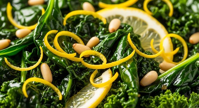 Closeup of sautéed kale with lemon zest and pine nuts showcases healthy eating choices - Powered by Adobe