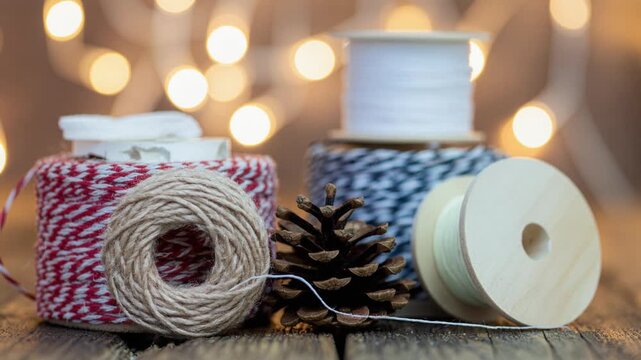 Rustic craft supplies with spools of twine, ribbon, and a pinecone on a wooden table with bokeh lights.