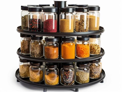Spice rack organizer displaying various spices and herbs in clear containers on a rotating display