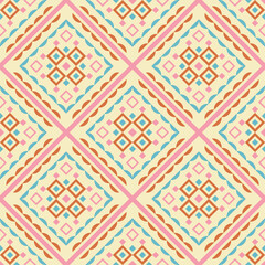 Seamless geometric folklore  pattern with pink and blue lines, orange and pink  squares, segments and triangles. Could be used as wallpaper, texture, print, fabric. 