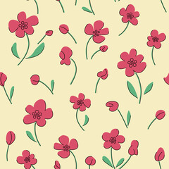 Seamless hand drawn floral pattern with pink flowers in bloom on yellow background with green leaves and black lines. Could be used as wallpaper, texture, print, fabric. 