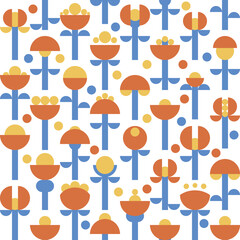 Seamless geometric style orange and red flowers with blue stems and leaves on white background. Fun layout, simple circles and segments shapes. Could be used as wallpaper, texture, print, fabric.  
