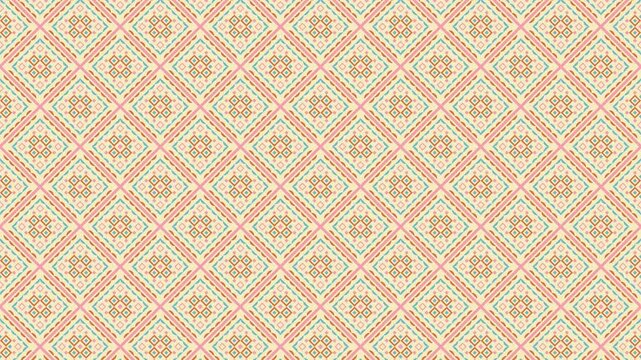 Seamless geometric folklore  pattern video with pink and blue lines, orange and pink  squares, segments and triangles. Could be used as wallpaper, texture, print, fabric. 