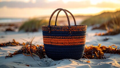 Woven Beach Bag on Sandy Shore with Sunset and Seaweed in Coastal Lifestyle Composition