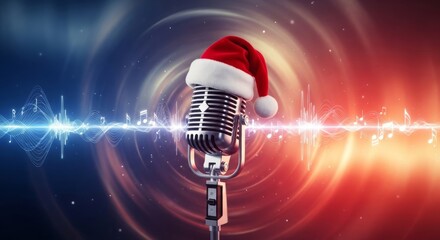 Vintage microphone with a Santa hat on a background of musical notes and sound waves. Christmas music concept for holiday entertainment.