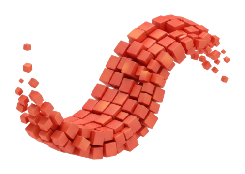 Dynamic red cubes forming wave abstract digital environment isolated on transparent background