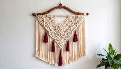 Macram&eacute; Wall Hanging with Burgundy Tassels and Potted Plants on Wooden Shelf in Bohemian Decor Setup