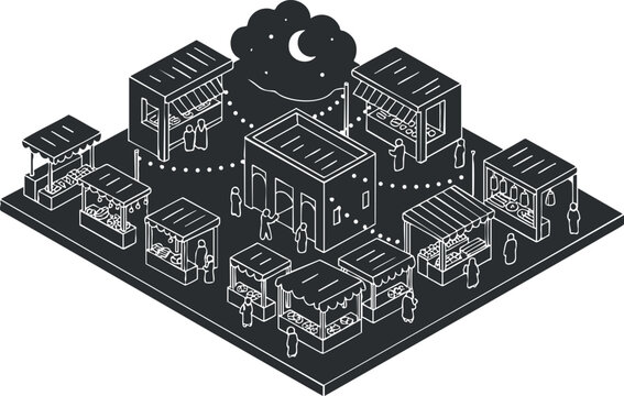 An isometric illustration of a vibrant night market scene featuring various vendor stalls and people, in minimalist black and white vector style, suitable for urban lifestyle projects