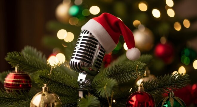 Vintage microphone with Santa hat on Christmas tree. Holiday karaoke and festive party music concept for seasonal celebration. - Powered by Adobe