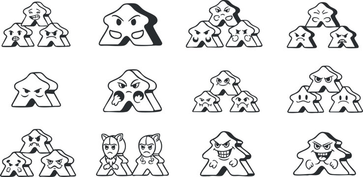 A collection of playful game pieces with various facial expressions in black and white vector style, ideal for board game design