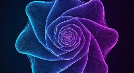 Abstract neon rose swirl a mesmerizing digital art piece featuring a vibrant gradient of blue and purple hues in a spiraling floral formation