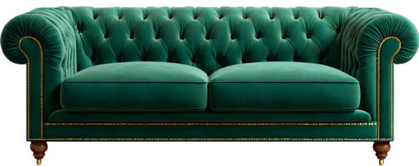 sofa, emerald green velvet fabric with wood legs and buttons on the back of the sofa, isolated on a transparent background.