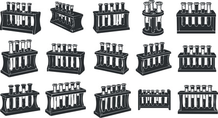 A collection of test tube racks with various test tubes in black and white vector style, suitable for scientific and educational projects