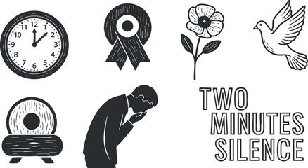 A collection of symbols representing two minutes of silence in black and white vector style, perfect for memorial events and remembrance activities