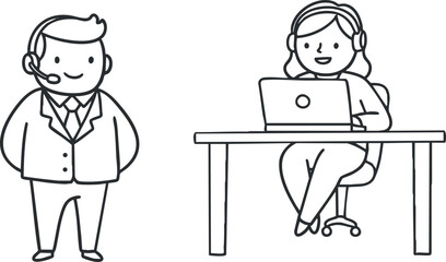 A male call center agent and a female customer service representative working together in a black and white outline vector style, ideal for business and communication themes