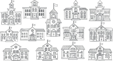 Naklejka premium A collection of school buildings in outline vector style, ideal for educational materials and design projects