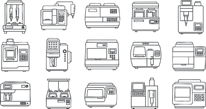 A set of kitchen appliance icons in clean black and white outline vector style, perfect for culinary design projects or homeware branding