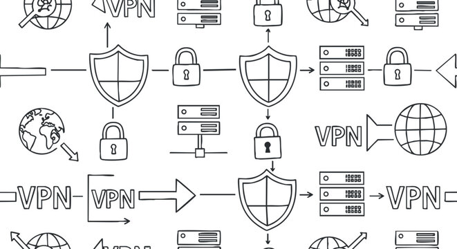 A collection of VPN security icons featuring shields, locks, servers, and globe in a clean outline vector style, suitable for technology-related projects