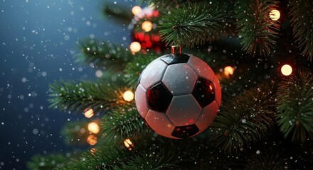 Fototapeta premium Soccer ball ornament on a decorated Christmas tree with bokeh lights and falling snow. Winter sport and holiday celebration concept.