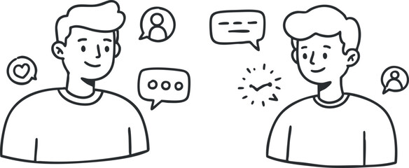 Two young men engaging in conversation with speech bubbles in black and white outline vector style, ideal for social media and communication themes