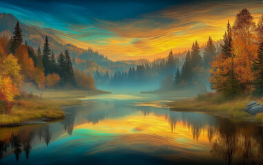 Fototapeta premium Autumn dawn foliage,art