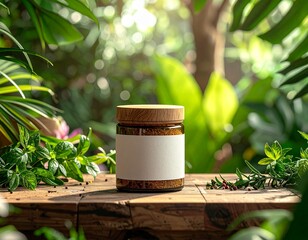 Rustic Spice Jar Packaging Mockup on Wooden Market Stall with Fresh Herbs