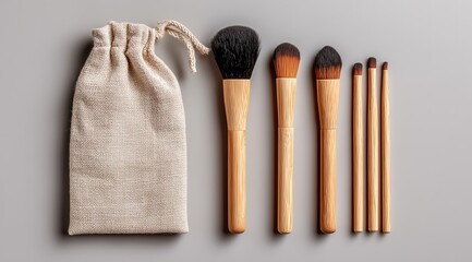 Daily Makeup Storage Set &middot; Bamboo Brushes Puff & Fabric Organizer Pouch