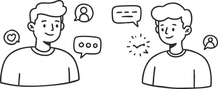 Two young men engaging in conversation with speech bubbles in black and white outline vector style, ideal for social media and communication themes