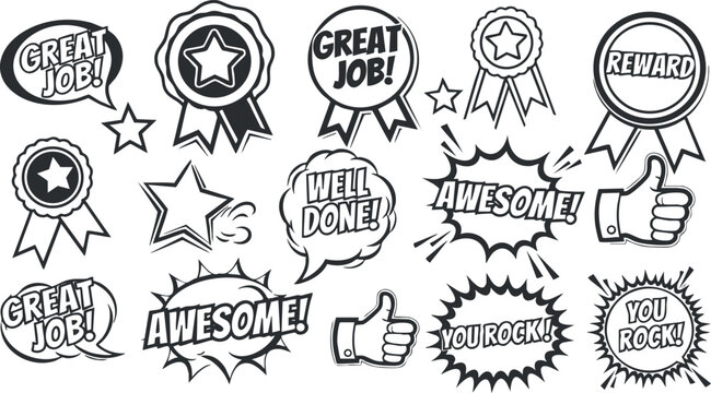 A collection of motivational badges and speech bubbles with phrases like 'Great Job!' and 'You Rock!' in vector outline style, perfect for celebration themes and graphic design