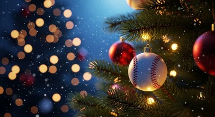 Christmas tree branch with baseball ornament and twinkling lights. Holiday season celebration with winter snow falling. Festive sports theme decoration.