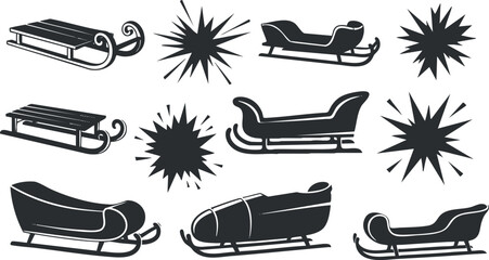 A collection of various sleigh designs in black and white vector style, ideal for winter holiday themes and festive decorations