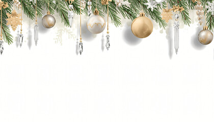 Festive white and gold arrangement with glasses, matte balls, and snowy branches &mdash; photo for card, template, and marketing
