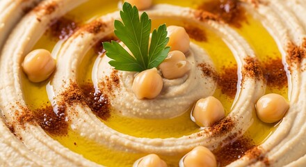 Creamy homemade hummus garnished with chickpeas olive oil and paprika for a healthy snack