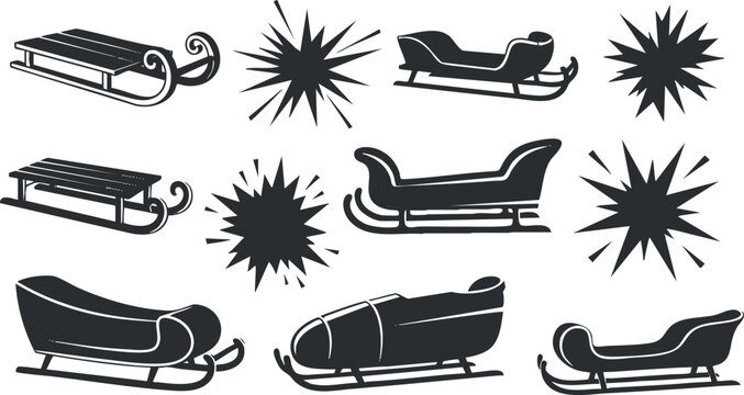 A collection of various sleigh designs in black and white vector style, ideal for winter holiday themes and festive decorations