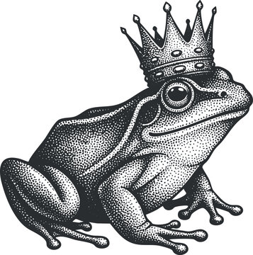 A frog wearing a crown in black and white retro vector style, ideal for whimsical illustrations and creative projects