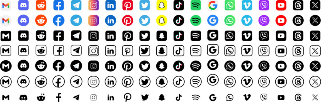 Pinterest, Facebook, instagram, x, youtube, whatsapp, linkedIn, telegram, bluesky, tiktok Social media icon set, social network logo Collection of popular social media logo vector illustration.