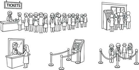 Obraz premium A collection of scenes depicting people in line for tickets, an ATM, and a ticket booth in simple black and white vector style, suitable for illustrating customer service concepts