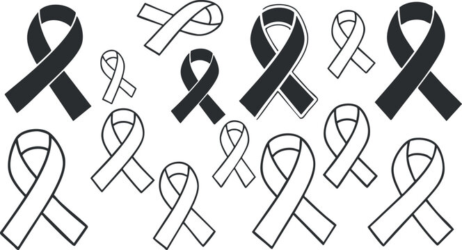 A collection of awareness ribbons in various sizes and styles, including black and white outlines, perfect for charitable events and campaigns