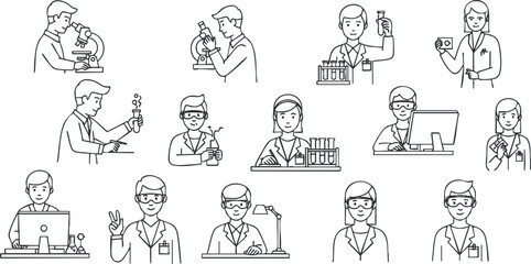 A collection of line art illustrations depicting scientists engaged in various laboratory experiments in minimalist vector style, ideal for educational materials and science-related projects