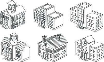 A collection of various buildings including schools and office structures in clean outline vector style, suitable for urban planning and educational projects