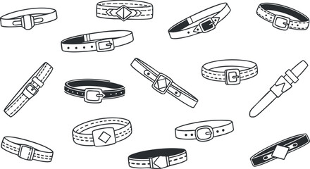 Fototapeta premium A collection of various belt designs in black and white outline vector style, suitable for fashion and accessory projects