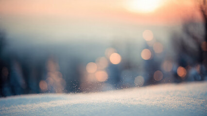 Dreamy winter scene at sunrise/sunset with sparkling snow, soft bokeh lights, and blurred forest background, creating a tranquil, ethereal atmosphere.
