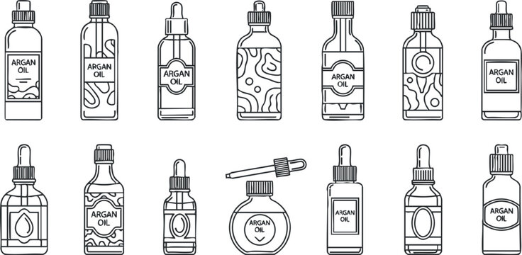 A collection of argan oil bottles with droppers in minimalist black and white vector style, suitable for beauty and skincare branding