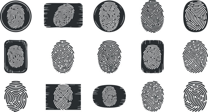 A collection of unique fingerprint designs in black and white vector style, suitable for security and identity branding