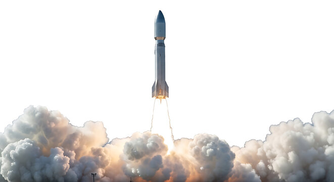 Silver rocket launching with bright orange flames and dense white smoke plumes isolated on a transparent background