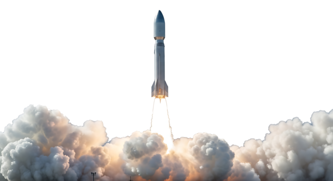 Silver rocket launching with bright orange flames and dense white smoke plumes isolated on a transparent background